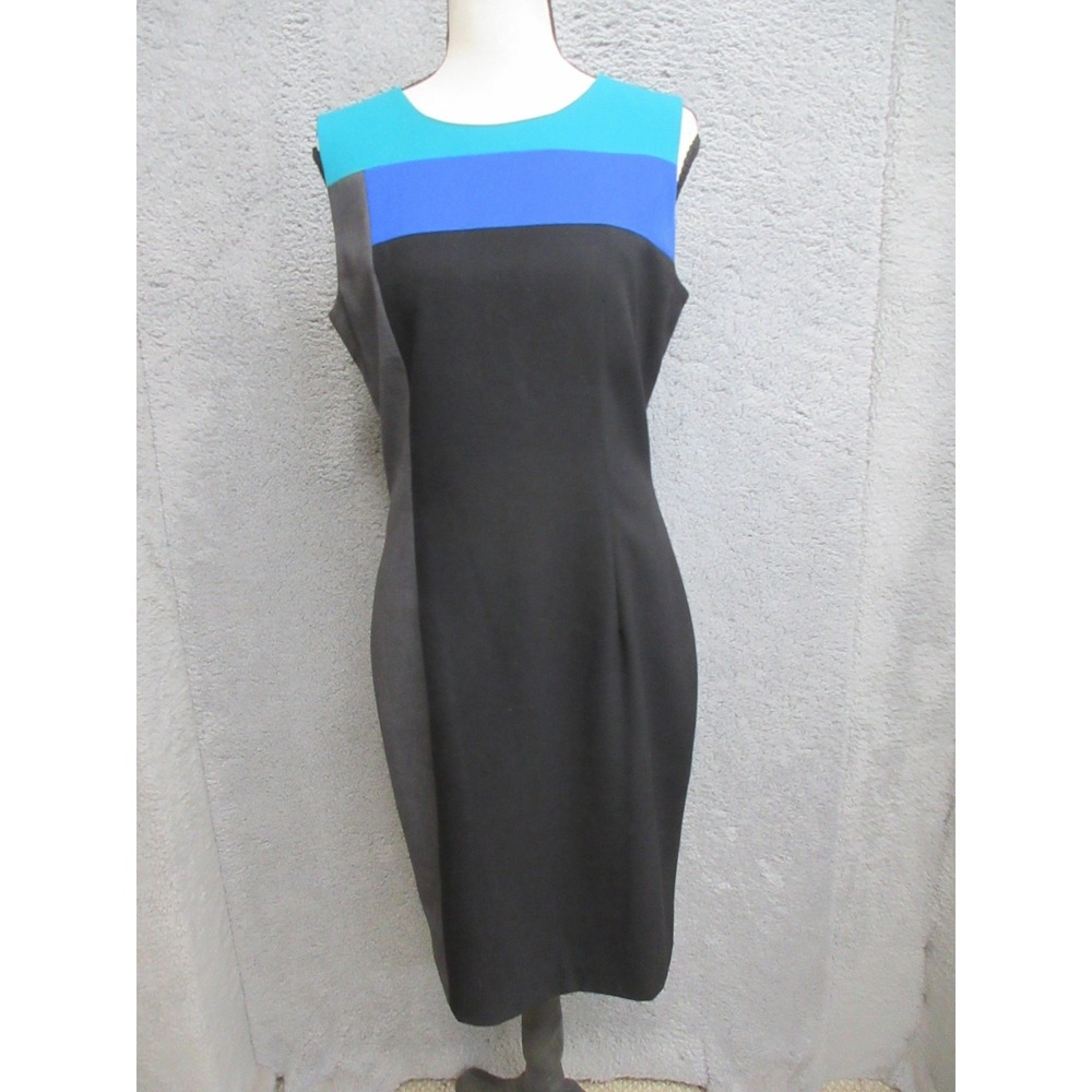 Calvin Klein Colorblock Sheath Dress Women 12 Black Blue Sleeveless Office‎ Work